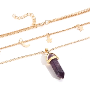 Three-layer gold necklace with purple hexagonal crystal, stars and moon pendants