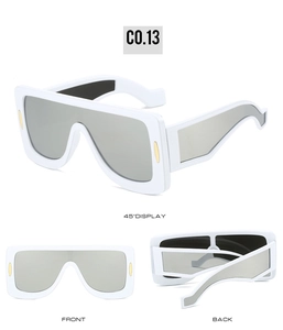 Three-view display of oversized white square sunglasses with silver mirrored lenses
