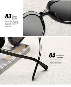 Detail of heart sunglasses showing integrated nose pads and ergonomic anti-slip temples