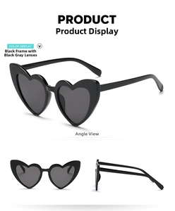Detailed views of heart shaped black sunglasses with dark lenses from multiple angles