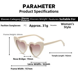 Detailed size chart for heart-shaped sunglasses with frame dimensions and PC material info