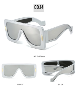 Detailed views of square futuristic sunglasses with silver frames and golden side accents