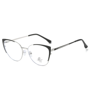 Chic silver and black cat-eye metal glasses frame with anti-blue light protection lenses