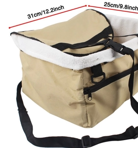 Detail showing dimensions of khaki pet car seat with breathable oxford fabric and plush lining