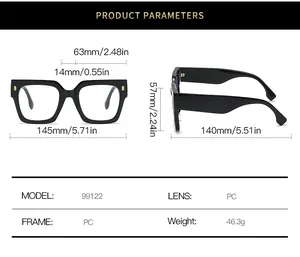 Detailed size chart for square oversized anti-blue light glasses with PC frame and lens