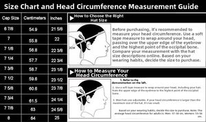 Size chart showing cap measurements in centimeters and inches for hip-hop baseball caps