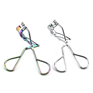 Rainbow and silver metal eyelash curlers for wide-angle lash curling and makeup