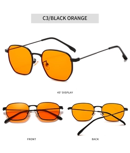 Detail view of hexagonal metal sunglasses with orange lenses in three different angles