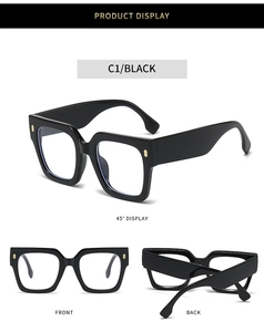 Detailed multi-angle view of black oversized square frame glasses with gold hinge accents