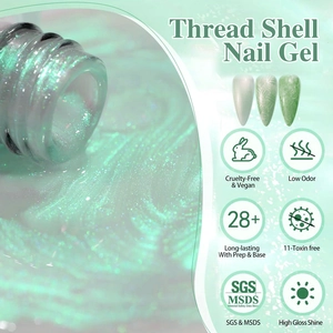 Mint green pearl thread shell nail gel with high gloss metallic silk texture finish