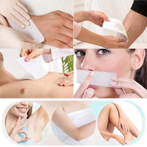 Collage showing disposable hair removal wax paper strips for legs, arms and underarms