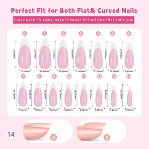 Size chart showing 15 different dimensions for French almond-shaped press-on nails