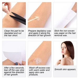Step-by-step instructional guide showing how to use hair removal wax paper rolls