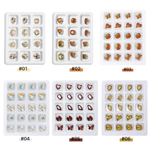 6-grid set of assorted autumn-colored nail crystals with heart and butterfly shapes