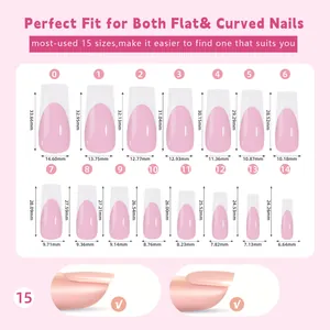 Size chart showing width and length of 15 sizes of long French press-on nails