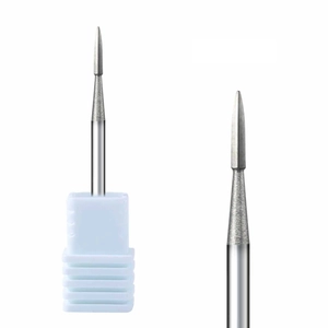 Close-up of diamond nail drill bit with fine grit texture and protective plastic base