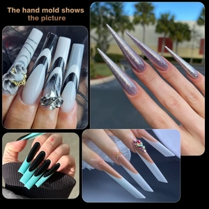 Mix of 12 luxury long press-on nails featuring 3D flowers, marble patterns and rhinestones