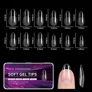 Detailed size chart for 12 sizes of soft gel nail tips in professional packaging
