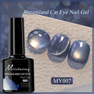 Detail of MY007 deep blue galaxy cat eye nail polish with bottle and light effect swatches