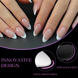 Long almond French press-on nails with thick front edge and thin back edge design
