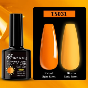 Macro view showing orange fluorescent nail polish glowing orange in the dark