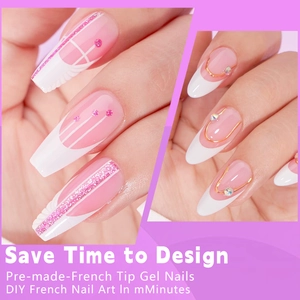 Detail of pre-made French tip gel nails with pink glitter heart and gold metal lines