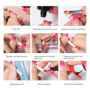 Professional 9-step nail extension kit with dual forms, brush, clip, and clear gel polish
