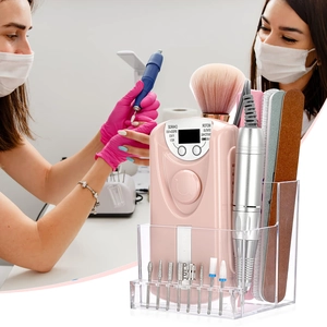 Pink professional electric nail drill kit with LCD display and various drill bits in acrylic stand