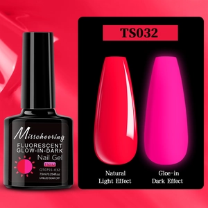 Luminous neon pink nail polish showing glowing effect in the dark vs natural light view