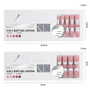 Detailed size specifications for 150pcs box of 3-in-1 soft gel French press-on nail kits