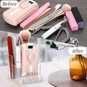 Visual comparison showing a clear acrylic nail drill bit storage box for organized nail tools