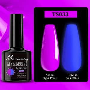 Detailed comparison of bright purple fluorescent and blue glow-in-the-dark nail gel effect