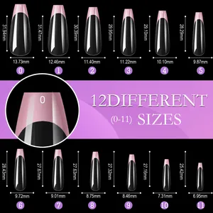 Size guide for ballerina press-on nails showing dimensions for 12 different nail sizes