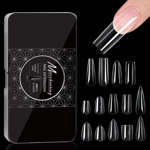 Detail view of 600 pieces clear nail tips in 14 sizes with black branded metal box