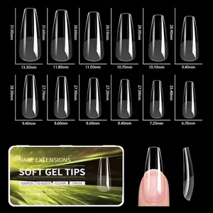 Detailed size chart showing 12 different dimensions for long coffin clear nail tips