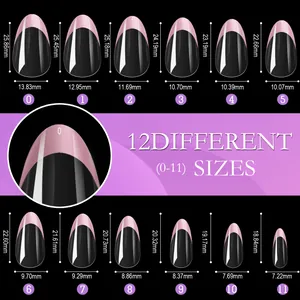 Detailed size chart for almond press-on nails showing 12 sizes with length and width labels