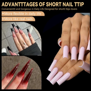 Detail of diverse artificial nail shapes including square and gradient almond styles