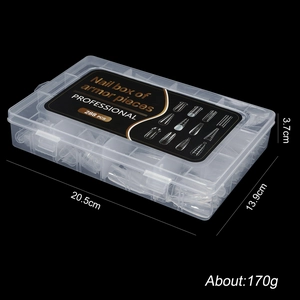Storage box with 288 pieces of clear nail extension molds showing 170g weight and size