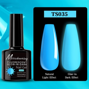 Luminous blue gel nail polish showing daylight color and neon glow effect in the dark
