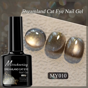 Macro detail of Dreamland Cat Eye Nail Gel bottle and celestial grey glitter finish