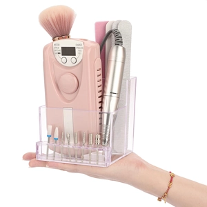 Pink portable electric nail drill machine kit with bits and file in clear acrylic stand