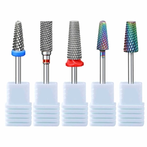 Five-piece alloy nail drill bit set with colorful coating and plastic base holders
