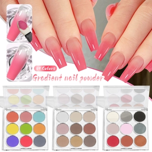 Macro detail of 9-color solid gradient nail powder palette with pink ombre manicure effects