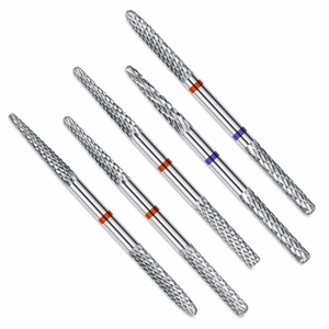 Detailed view of 5-piece alloy nail drill bits set with precision cross-cut textures