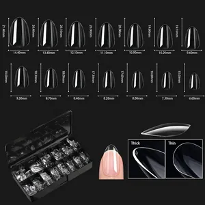 Size chart showing 14 dimensions of transparent coffin false nail tips with storage box