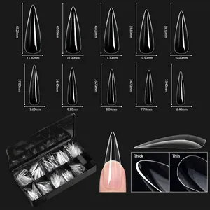 Size chart showing 10 sizes of long stiletto transparent nail tips with dimensions in mm