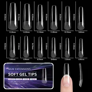 Size chart for 440pcs soft gel nail tips showing 12 different transparent coffin dimensions