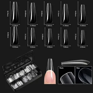 Detailed size chart for clear coffin nail tips showing length and width dimensions