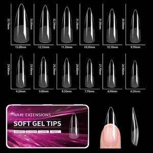 Size chart showing 12 sizes of long pointed clear soft gel nail tips in millimeters