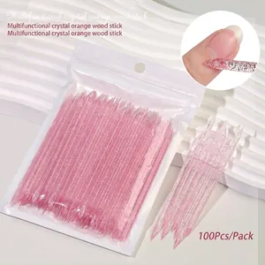 Dual-tip pink glitter acrylic nail sticks for cuticle removal and dotting, 100pcs pack